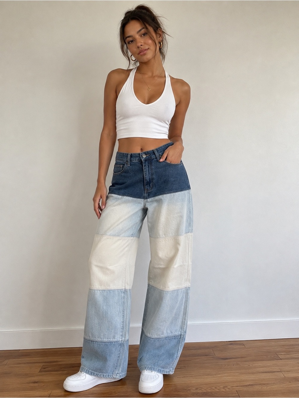 Enyce Womens Relaxed Wide-Leg Colorblock Jeans - Dark Blue & Light Blue & White